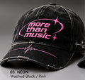 Washed-black More Than Music cap with pink logo and waveform detail