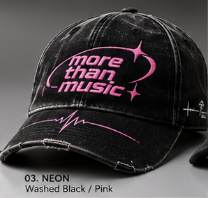 Washed-black More Than Music cap with pink logo and waveform detail