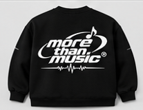 Black sweatshirt with large white More Than Music logo and waveform graphic
