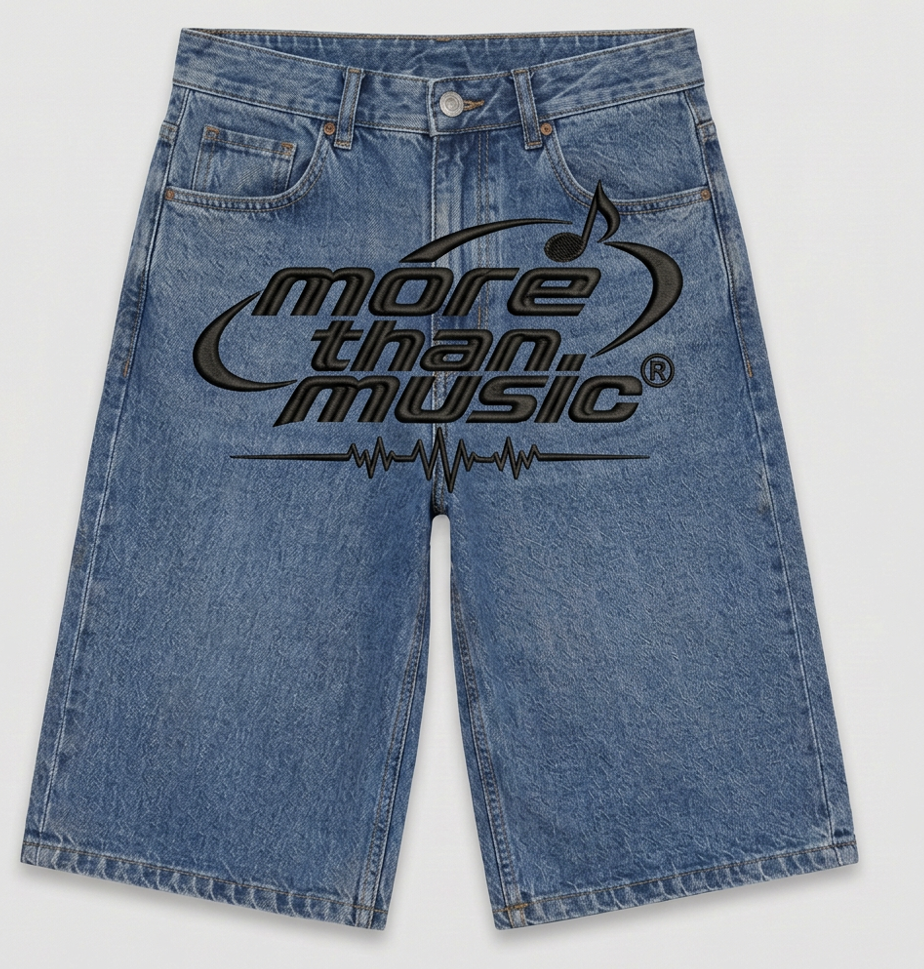 Blue denim shorts with large black More Than Music logo and waveform graphic across the front