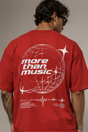 Back view of a red T-shirt with white More Than Music globe-inspired graphic
