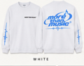 Front and back views of a white long-sleeve top with blue More Than Music back logo and sleeve graphics