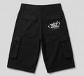 Back view of black cargo shorts with white More Than Music logo and flap pockets