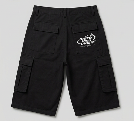 Back view of black cargo shorts with white More Than Music logo and flap pockets