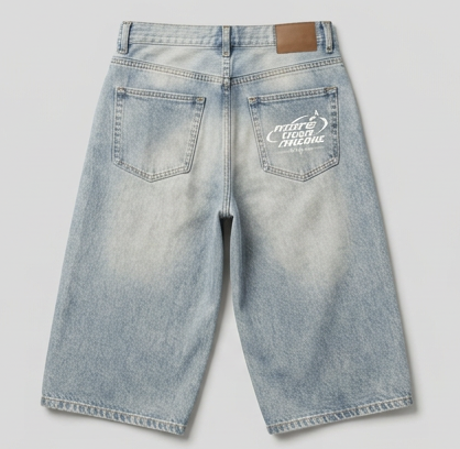 Back view of light-wash denim shorts with white More Than Music logo on one pocket
