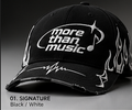 Black More Than Music cap with white logo, flame graphics and waveform detail