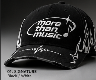 Black More Than Music cap with white logo, flame graphics and waveform detail
