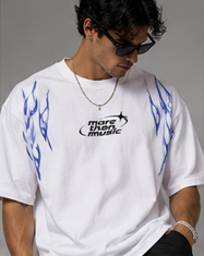 White short-sleeve More Than Music T-shirt with black chest logo and blue graphics